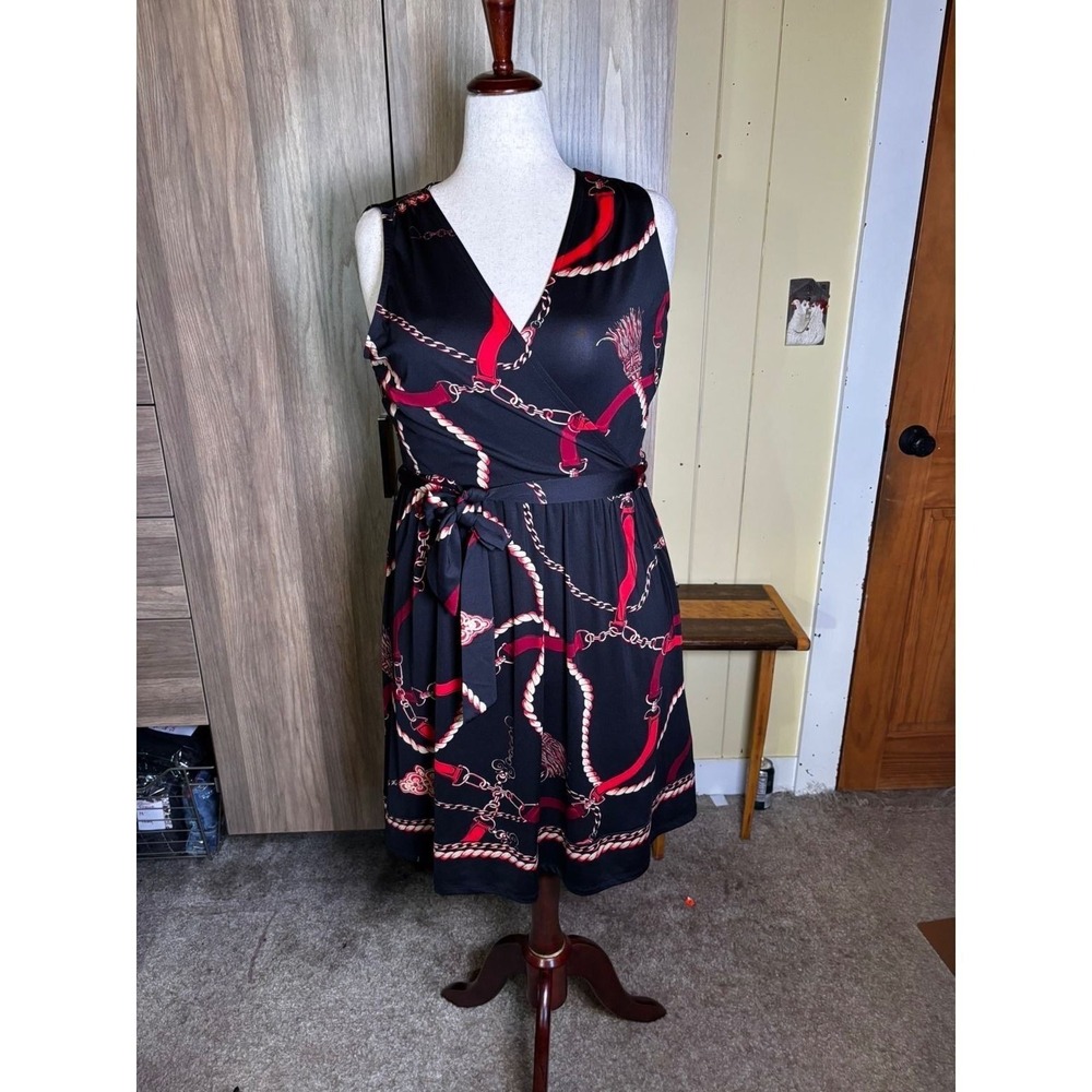 222. INC International Concepts Black Red Chain Print XL Sleeveless Dress - Picture 2 of 4